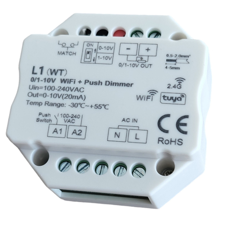 Модул DC 0~10V димер -app TUYA-220~240VAC-50Hz 20mA LED WI-FI 2,4GHz-2,4835GHz 802.11 b/g/n